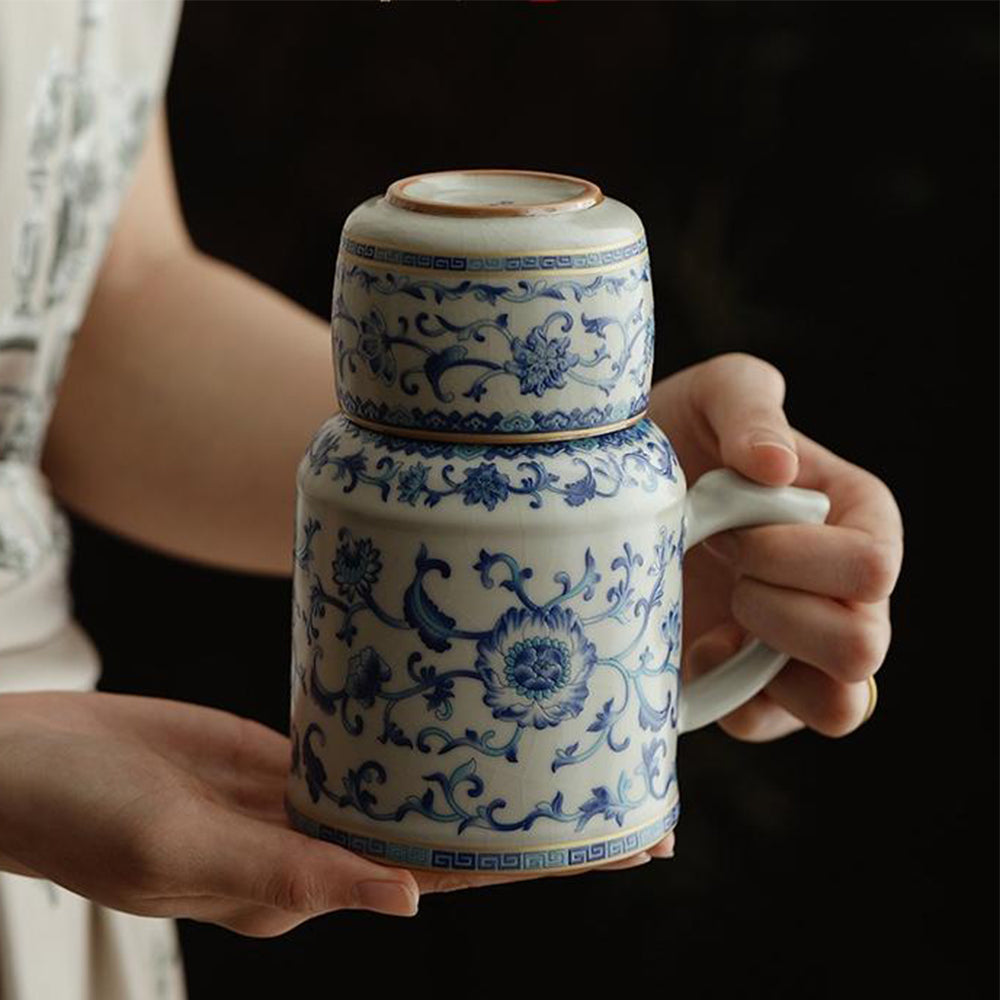 Blue And White Ruyao Twig Flowers Tea Cup Set