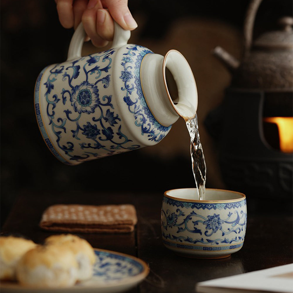 Blue And White Ruyao Twig Flowers Tea Cup Set